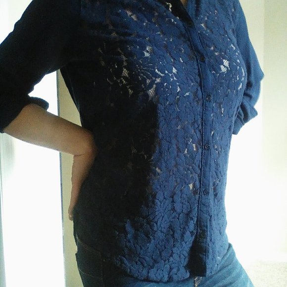 Hollister Navy Front Lace Button up Top - Picture 2 of 10